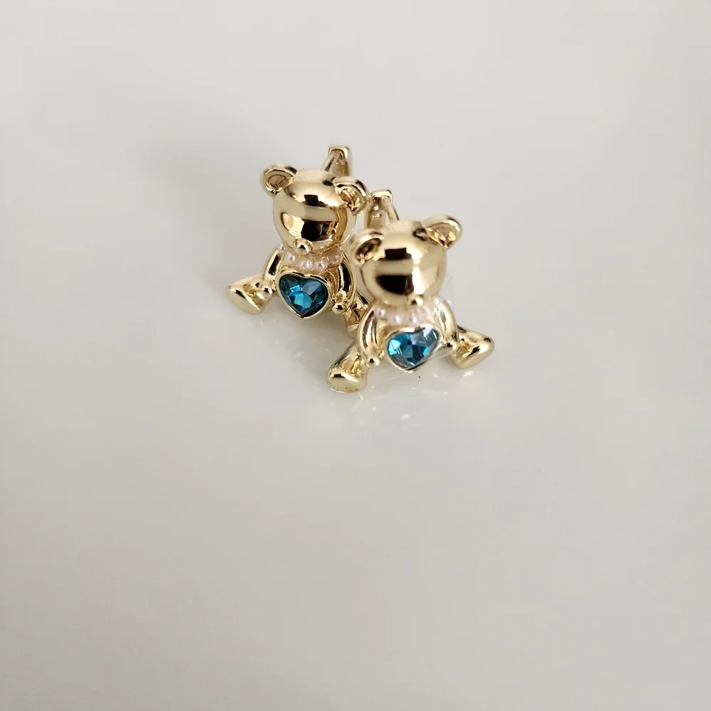 Gold Plated Teddy Bear Hoops with Blue Heart Cz
